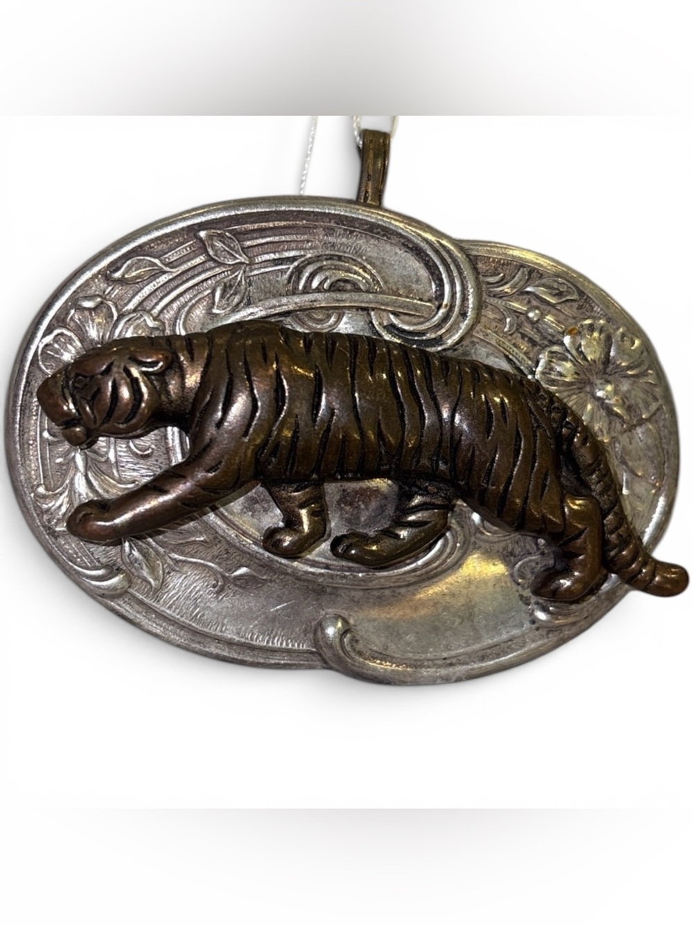 RARE Vintage Mixed Metal Tiger Statement Pendant Art Nouveau Oval Auburn GameDay - Picture 3 of 13